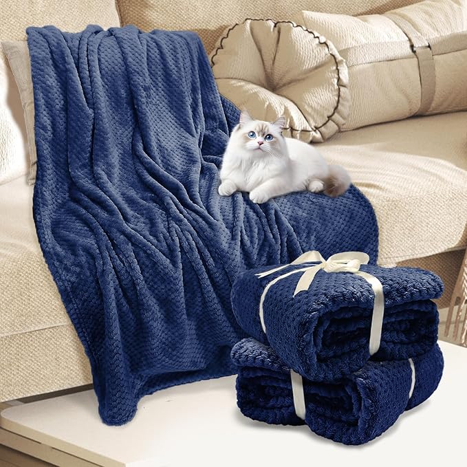 4 Pack Fleece Throw Blankets 50x60 Inches - 270 GSM Ultra Soft Plush Flannel for Bed Couch Sofa, Lightweight Warm 3D Waffle Texture, No Shedding No Pilling All Season Throw (Navy Blue)