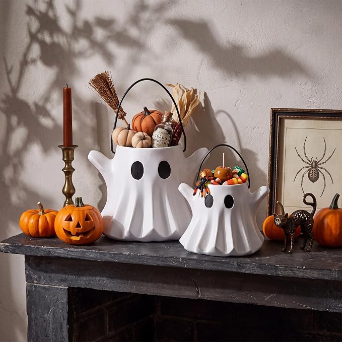 FoldTier 2 Pcs Halloween Ghost Planter Vase Candy Bowl Bucket with Handle | Resin Ghost Design, Multipurpose Flower Pot and Candy Holder, Indoor Outdoor Decor, Home Garden Table Centerpiece for Party