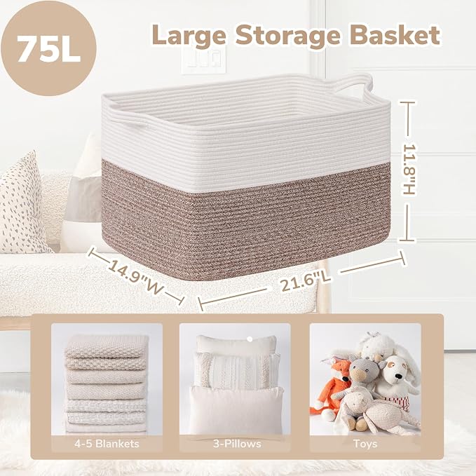 Goodpick Large Woven Rope Blanket Basket, Rectangle, White & Brown | 21.6'' x 14.9'' x 11.8'' Storage Basket for Blankets & Toys, Living Room, Bedroom & Nursery Organization, Reinforced Handles