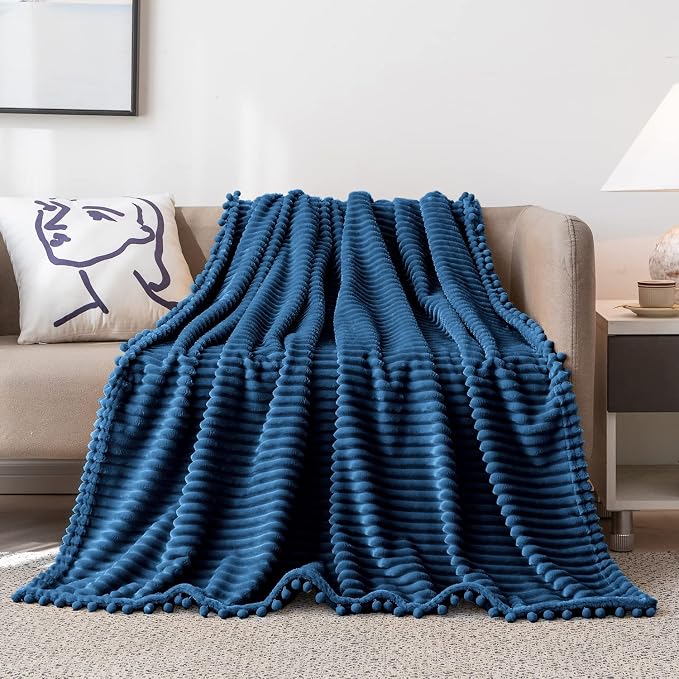 DISSA Fleece Blanket Queen Size – 90x90, Blue - Soft, Plush, Fluffy, Fuzzy, Warm, Cozy – Perfect Throw for Couch, Bed, Sofa - with Pompom Fringe - Flannel Blanket