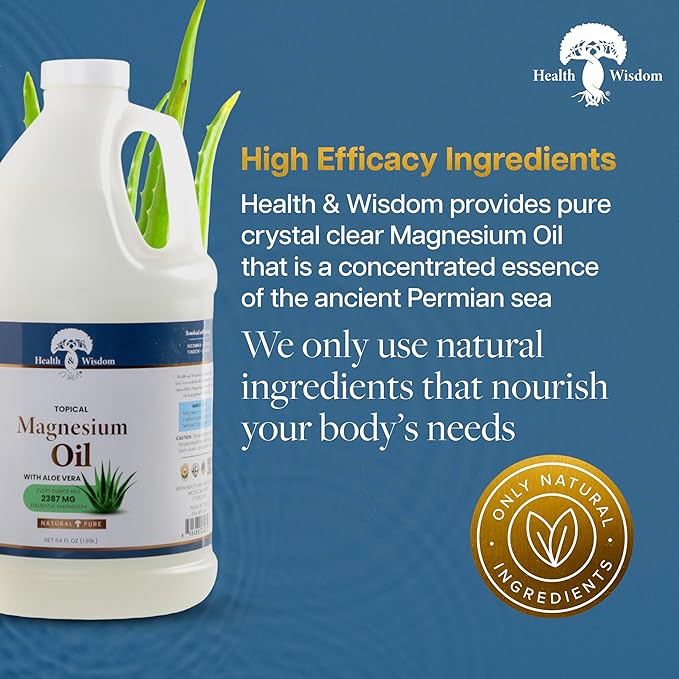 Health & Wisdom Pure Magnesium Oil with Aloe Vera - Topical Muscle & Joint Relief- Natural and Pure Skin Moisturizer - Enhanced Absorption - 64 fl oz