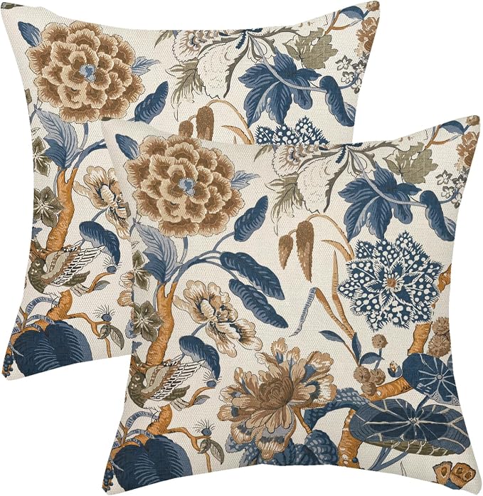 Grwon Navy Blue Pillow Covers 18x18 Inch Set of 2 Vintage Blue Floral Throw Pillows Chinoiserie Flower Decorative Pillow Case Outdoor Linen Farmhouse Cushion Cover for Couch Sofa Decorations