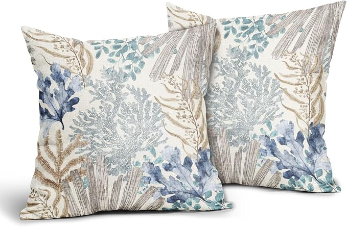 Nautical Coastal Beach Coral Pillow Covers 20x20 Inch Set of 2 Summer Ocean Beach Themed Decorative Pillow Cases Outdoor Linen Square Cushion Cover Farmhouse Decor for Bedroom Home Sofa Couch Bed