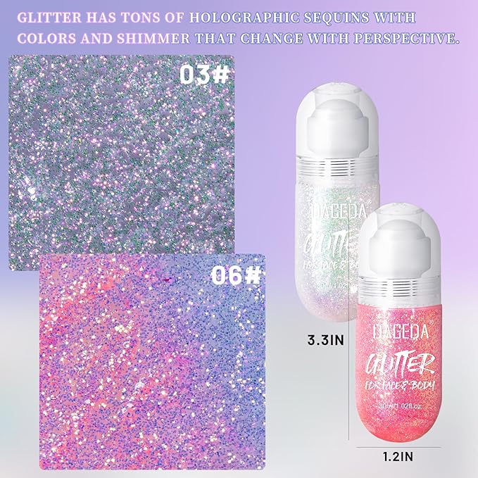 DAGEDA 2Colors Roll-on Body Glitter Gel for Body, Hair, Face, Holographic Glitter Makeup for Rave Accessories, Body Shimmer Hair Glitter Gel for Halloween Makeup(Sparkling Pink+Pink)