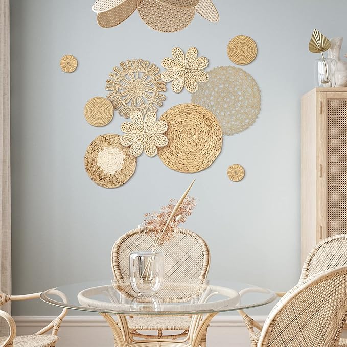 Glenmal 13 Pcs Boho Wall Basket Decor Set Woven Rattan Seagrass,Plain | Handmade Flat Baskets for Bedroom Living Room Office, Wicker Bamboo Seagrass Hanging Art, Farmhouse Gallery Ready to Hang