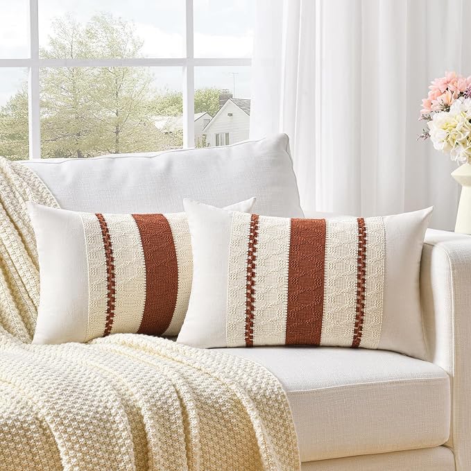 Fancy Homi Set of 2 Rust Boho Long Lumbar Decorative Throw Pillow Cover 14x24 Inch for Couch Bed Sofa, Aesthetic Modern Organic Fall Room Decor, Soft Cotton Cute Terracotta Farmhouse Cushion Case