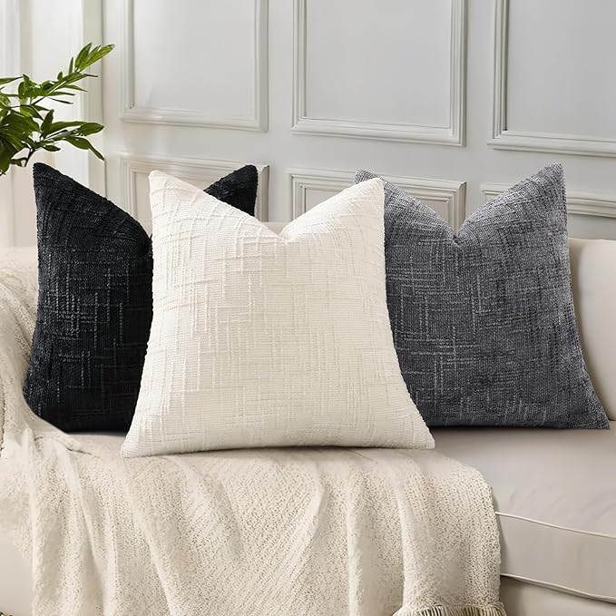 decorUhome Textured Chenille Throw Pillow Covers 18x18 Set of 2 Black | Fall Modern Farmhouse Soft Cozy Slubby Couch Pillow Cases Boho Decorative Pillow Cases for Bed Sofa Living Room Home Decor