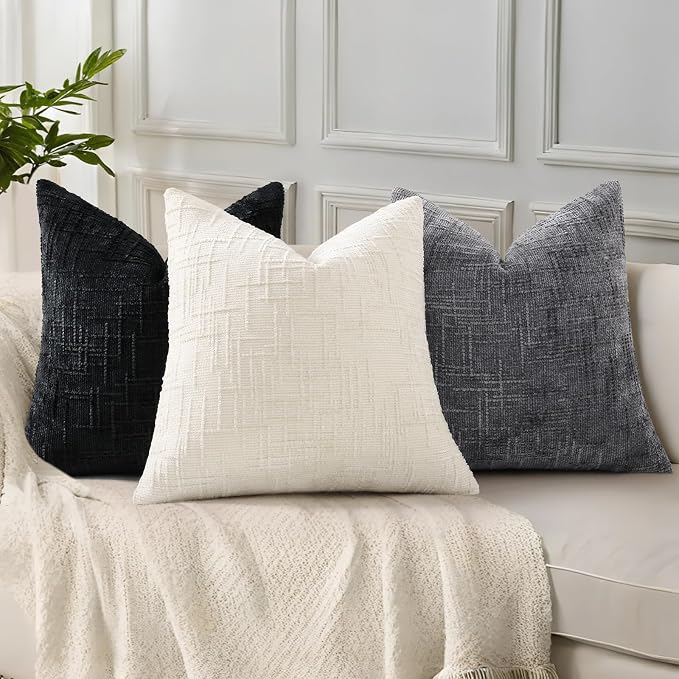 decorUhome Textured Chenille Throw Pillow Covers 16x16 Set of 2 Black | Fall Modern Farmhouse Soft Cozy Slubby Couch Pillow Cases Boho Decorative Pillow Cases for Bed Sofa Living Room Home Decor