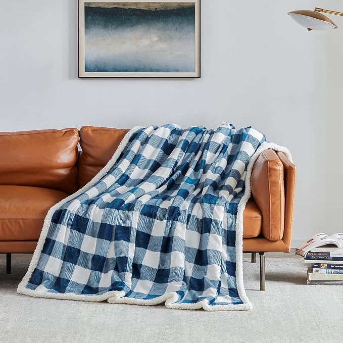 Sherpa Plaid Twin Blanket 60" X 70", Fuzzy Fluffy Soft Cozy Throw Blanket, Twin Size Plush Fleece Flannel Plush Microfiber Blanket for Couch Bed Sofa (Navy)