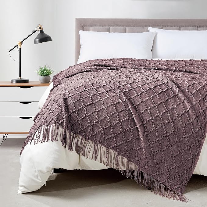 BOURINA Lavender Throw Blanket 50 x70 Inch Jacquard Throw Knitted Blanket | Jacquard Argyle Throw Textured Solid Soft Throws and Blankets for Sofa or Bed Knitted Decorative Blanket