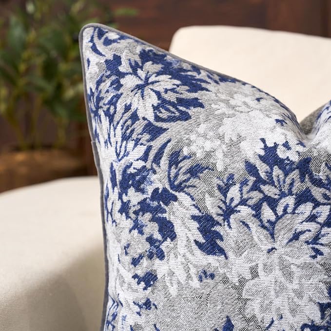 Neutral Floral Pillow Cover 20 x 20 Inches, Vintage Chenille Square Throw Pillow Cover Soft Decorative Farmhouse Accent Couch Pillow Cover for Living Room Bedroom, Blue