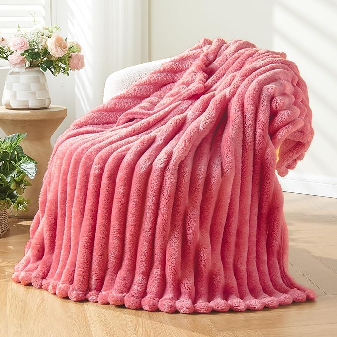 NEWCOSPLAY Fleece Ribbed Cozy Throw Blanket for Couch, Coral Pink, 50"x60" | Premium Silky Flannel Blanket, Soft Lightweight Fluffy Throw Blanket for Bed Sofa Decor, Gift for All Season Use