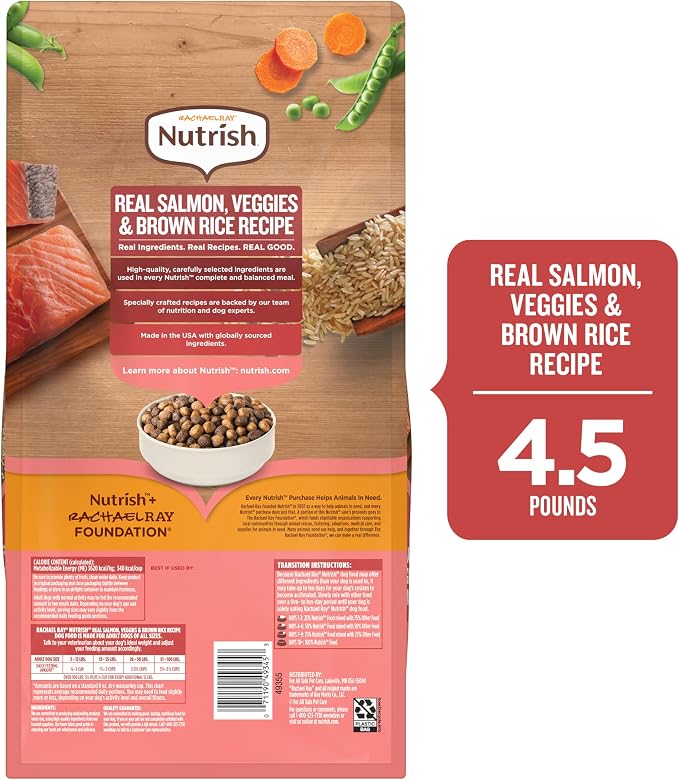 Nutrish Rachael Ray Adult Dry Dog Food Real Salmon, Veggies & Brown Rice Recipe, 4.5 lb. Bag (Pack of 2)