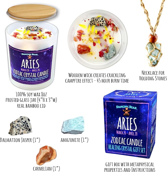 DANCING BEAR Aries Zodiac Candle Gift Box Set with 3 Healing Crystals & Stone Holder Necklace, 100% Soy Scented Wax, Crackling Wood Wick, 45 Hour Burn Time