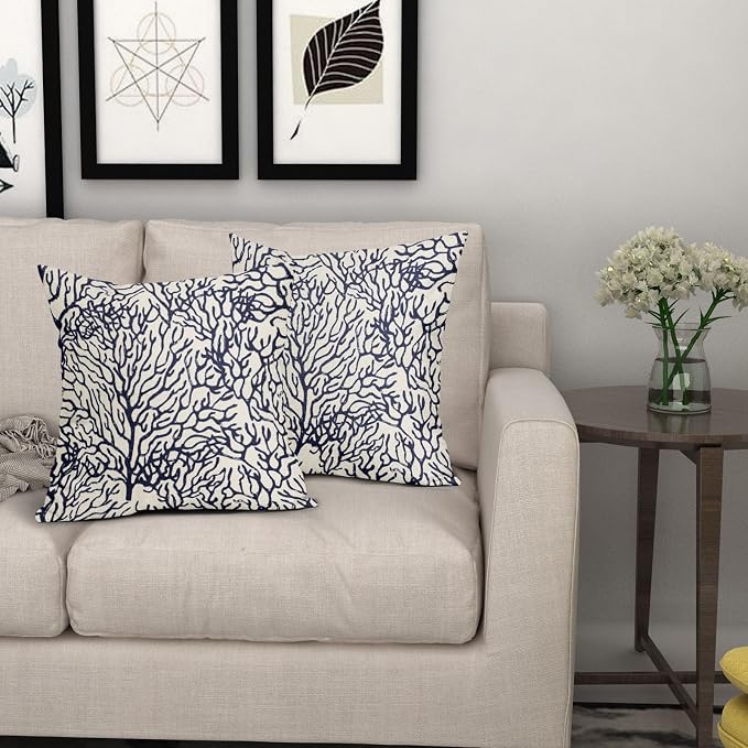 Nautical Coastal Coral Pillow Covers 24x24 Inch Set of 2 Summer Ocean Beach White Blue Decorative Pillow Cases Outdoor Linen Cushion Cover Farmhouse Decor for Bedroom Home Sofa Couch Bed
