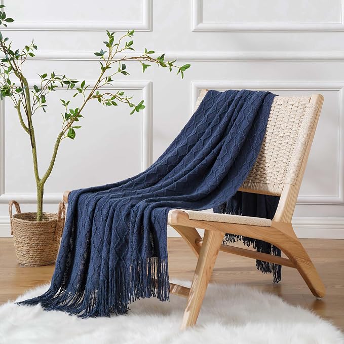 BATTILO HOME Navy Throw Blankets for Couch, Navy Blue Lightweight Decorative Blankets and Throws, Boho Warm Knit Blanket for Men and Women, 50"x60"