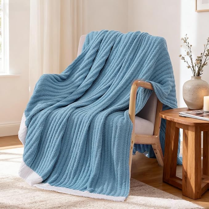 Soft Throw Blanket for Couch-Cozy Reversible Knitted Blankets | Lightweight Warm Fluffy Decor for Women, Mom, Her & Girls, Sofa, Chair, Bed, 50x60in, Blue