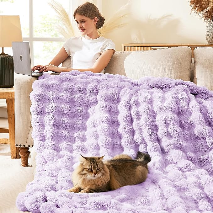 L'AGRATY Faux Rabbit Fur Throw Blanket for Couch, 90'' x 90'', Purple | Soft Cozy Bubble Fluffy Blanket for Sofa Bed, Thick Warm Plush Fuzzy Throw for Room Home Decor, Luxury Gift for Women Mom