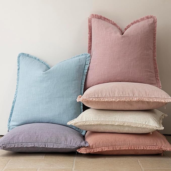 Foindtower Set of 2 Decorative Linen Fringe Lumbar Throw Pillow Covers Boho Farmhouse Cushion Cover with Tassels Soft Accent Pillowcase for Couch Sofa Bed Living Room Home Decor,12×20 Inch,Rose Pink