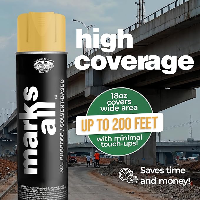 Fox Valley 18oz Marks All Solvent-Based Marking Paint Spray, 12-Pack Yellow APWA – Long-Lasting, Weather-Resistant Spray Paint for Wet or Dry Surfaces Like Metal, Grass, Concrete, Wood, & More