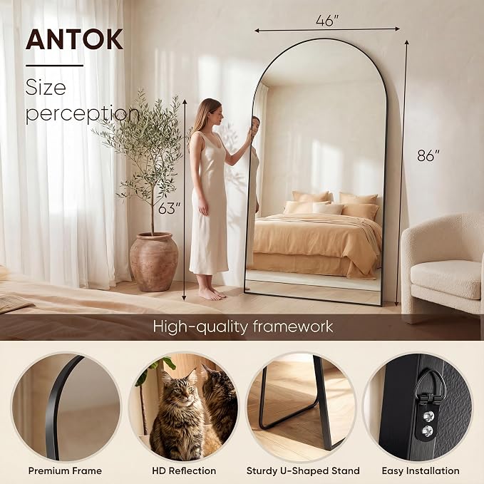 Antok 86" x46” Arched Full Length Floor Mirror, Black Aluminum Frame, Free Standing/Wall Mount/Leaning for Bedroom, Living Room, Dressing Room