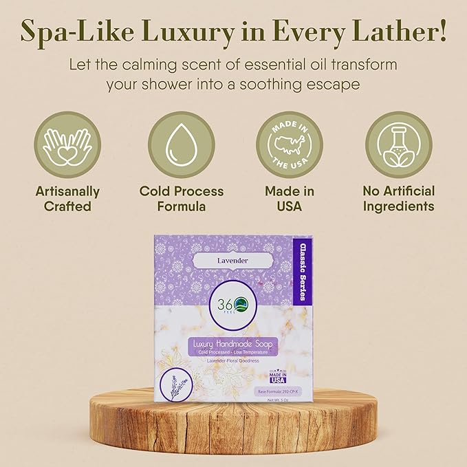 360Feel Lavender Soap - Made in the USA - Castile Handmade, All Natural, Cold Processed Infused with Refreshing Lavender Essential Oil for Relaxation & Calm - Rich, Creamy Lather - 5oz