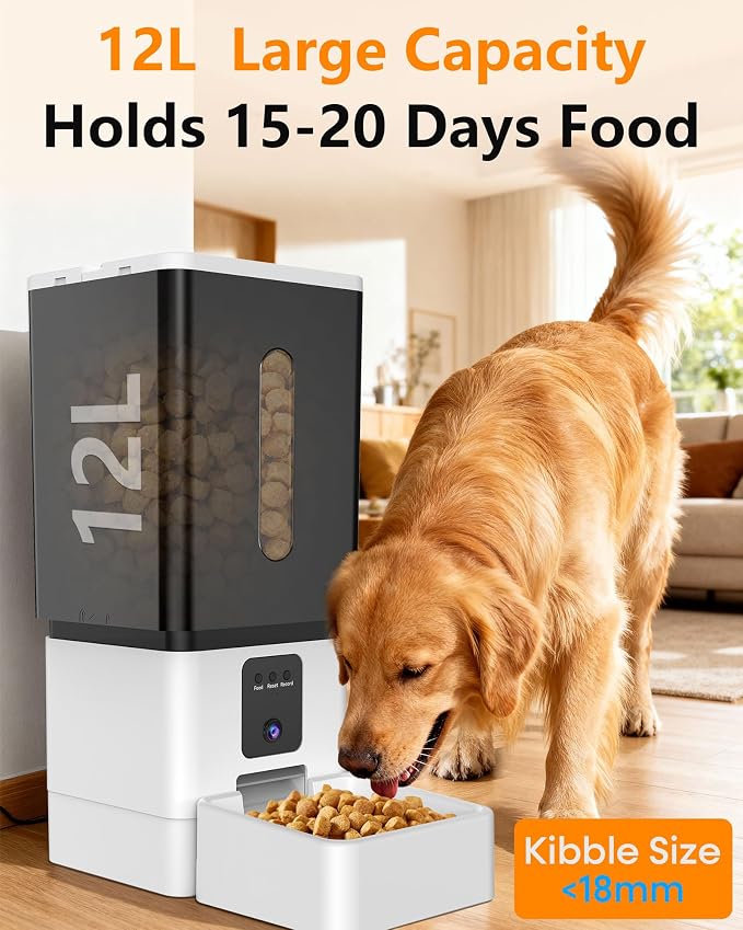 Automatic Dog Feeder, 12L Dog Food Dispenser Automatic for Large Breed | Anti-Clog 0.78inch Large Kibble, 20 Days Food Capacity, 1080P HD Camera, APP Control for Office Workers