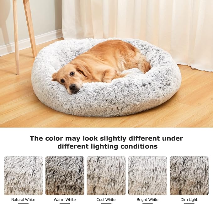 Bedfolks Calming Donut Dog Bed, 36 Inches Round Fluffy Dog Beds for Large Dogs, Anti-Anxiety Plush Dog Bed, Machine Washable Pet Bed (Light Grey, Large)