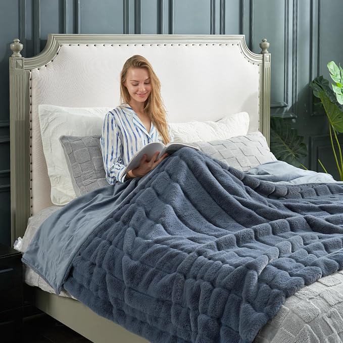 Cozy Bliss Deluxe Sheared Rabbit Faux Fur Throw Blanket, Soft Fuzzy High-Low Sculpted Plush Blanket for Couch, Cozy Home Accent, All Season Use, Blue 60"x80"