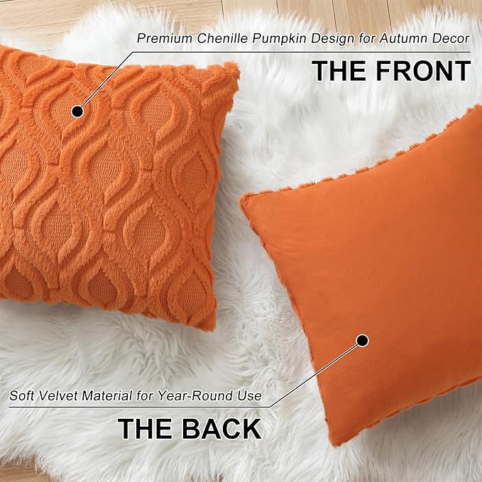 decorUhome Faux Fur Plush Soft Orange Throw Pillow Covers 18x18 Set of 2 | Plush Solid Fall Couch Pillow Covers, Accent Modern Farmhouse Neutral Decorative Square Pillow Cases for Sofa Bed Living Room