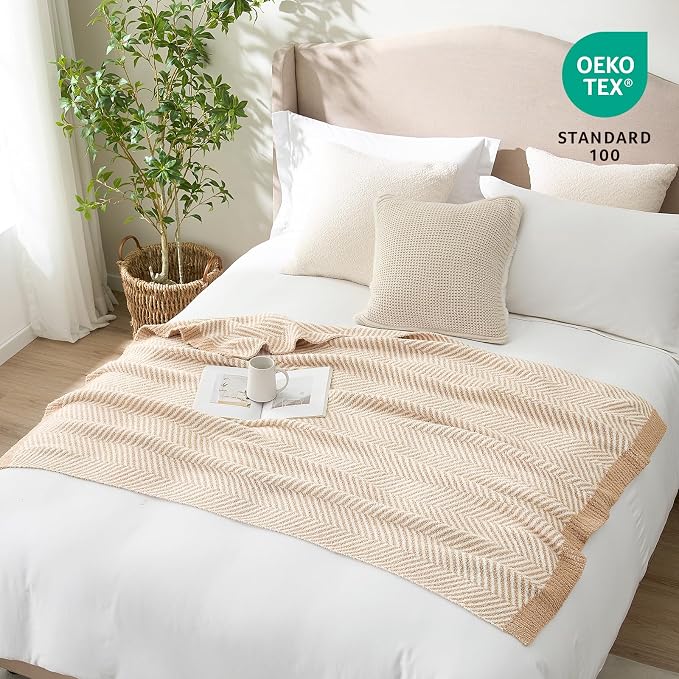 Snuggle Sac Herringbone Throw Blanket for Couch, Reversible Super Soft Warm Blankets Cozy Knit Fuzzy Plush Lightweight Throws for Sofa, Bed, Camping, Beige, 50x60 inches