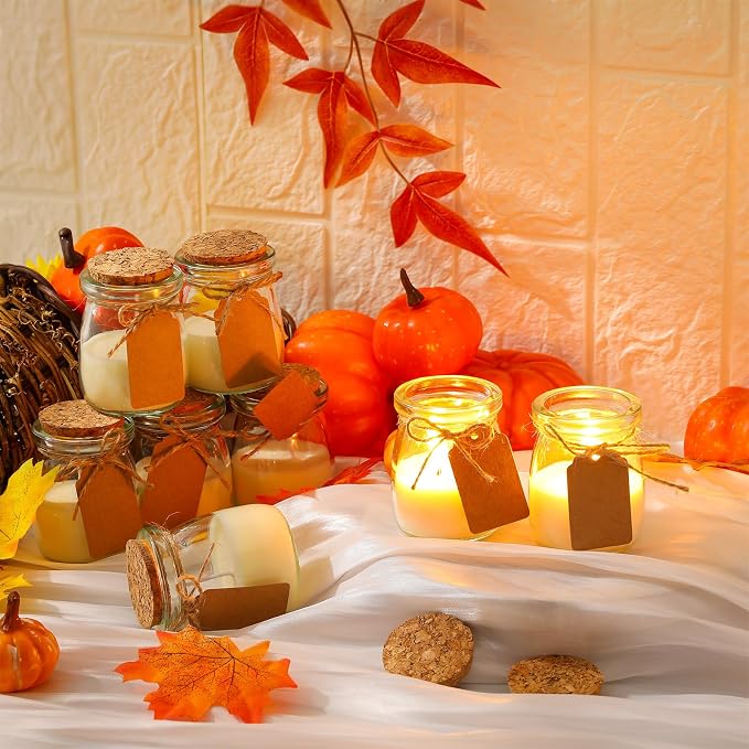 MTLEE 24 Pcs Fall Jar Candles Holiday Candle Gifts Natural Wax Jar with DIY Tag Cards Gift for Halloween Party Favor Home Supply Decor, Scents of Fall Wreath/Pumpkin/Apple/Comfort