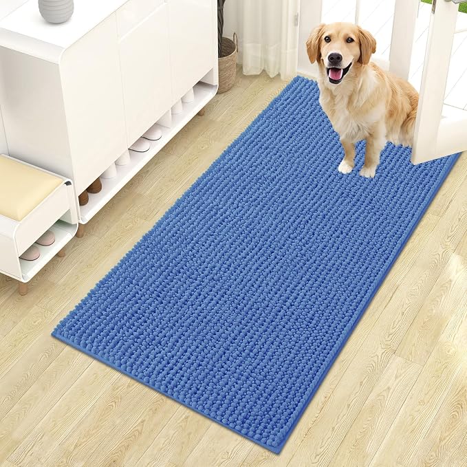 OLANLY Dog Door Mat for Muddy Paws 44x24, Extra Absorbent Chenille Mud Mat | Cornflower Blue, Absorbs Moisture and Dirt, Non-Slip Machine Washable Doormat, Quick-Dry Indoor Entryway Floor Mat for Dogs