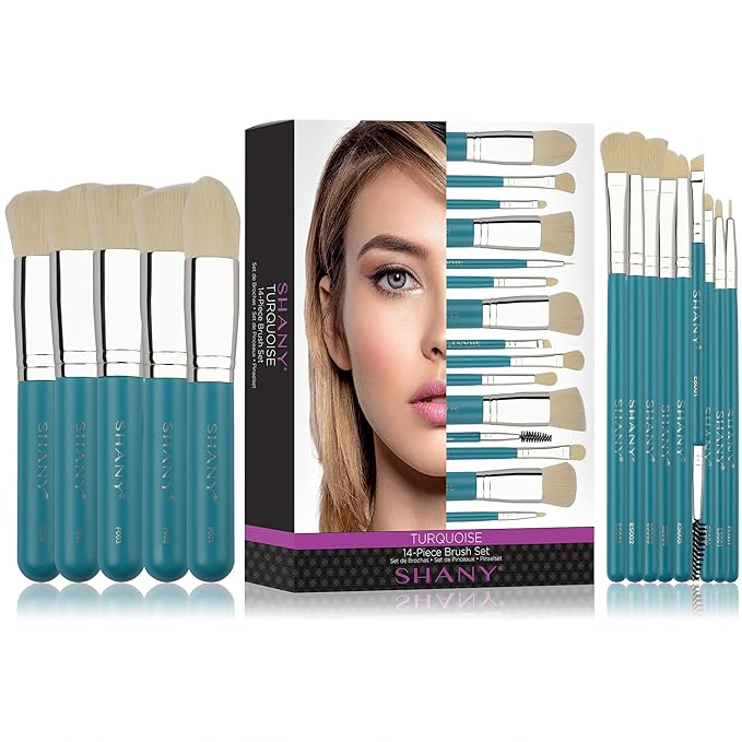 SHANY14 Piece Makeup Brush Set – Elite Cosmetics Brush Collection - Complete Kabuki, Eyes, Face, powder, foundation Makeup Brush Set - Turquoise