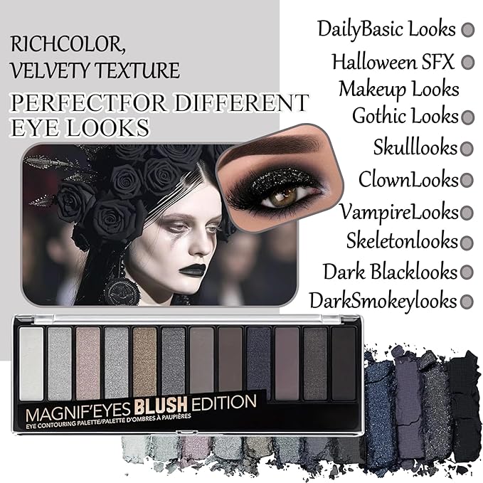 Black Grey Smoky Eyeshadow Palette,15 Colors Matte Shimmer Pigmented Eye Shadow Makeup Palette Set with 3 Eyeshadow Brushes,Glitter Eye Shadow Palette for Daily Halloween Goth Makeup(G)