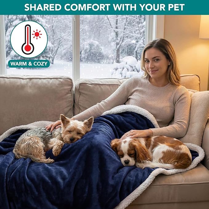 PetAmi Waterproof Dog Blanket for Small Dog Puppy Cat, 29x40, Blue | 460 GSM Sherpa Fleece Reversible, Pee Proof Pet Blanket, Furniture Protector Cover for Couch Sofa Kennel, Washable
