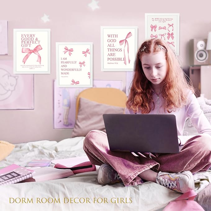 LARTSFRO Coquette Pink Bow Wall Art Decor Posters, Pink Bow Room Bedroom Bathroom Dorm Wall Art Decor Aesthetic for College Teen Girls Gifts, Inspirational Bible Verses Bow Wall Decor, 10x8 Inch Set of 4 Pcs Bow Pictures (WHITE FRAMED)