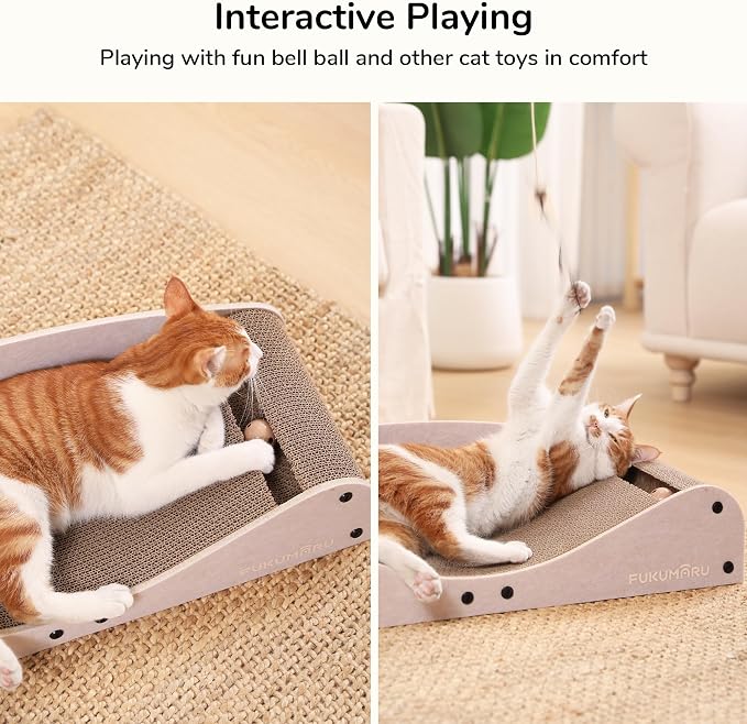 FUKUMARU Cardboard Cat Scratcher Bed, Extra Large 29.1 Inch Cat Scratch Pad | Cat Scratching Bed Couch Indoor, Natural Felt Multifunctional, Horizontal Kitten Scratch Bed Lounger With Ball Toy, Camel