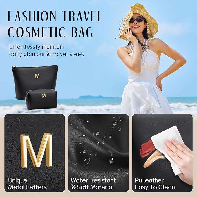 Women Gifts | Initial Makeup Bag for Girl Personalized Gifts for Bridesmaid Friend PU Leather Cosmetic Travel Toiletry Bag(Black,M)