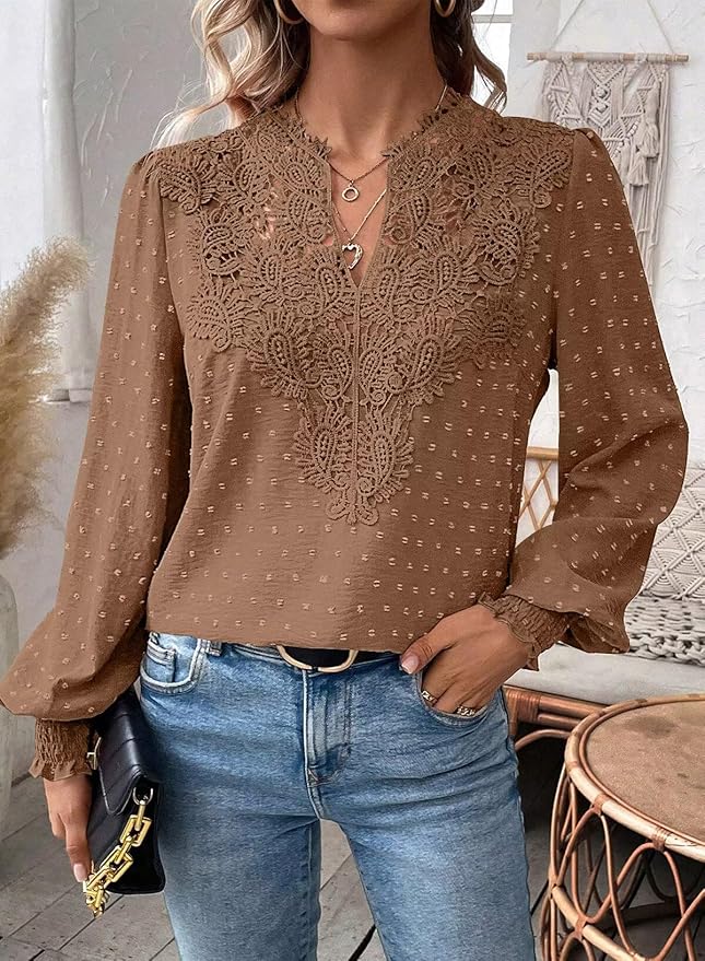 Womens Tops Swiss Dot Boho Long Sleeve Shirts V Neck Casual Chiffon Blouses Flowy Lace Hem Cute Clothing Trendy 2026