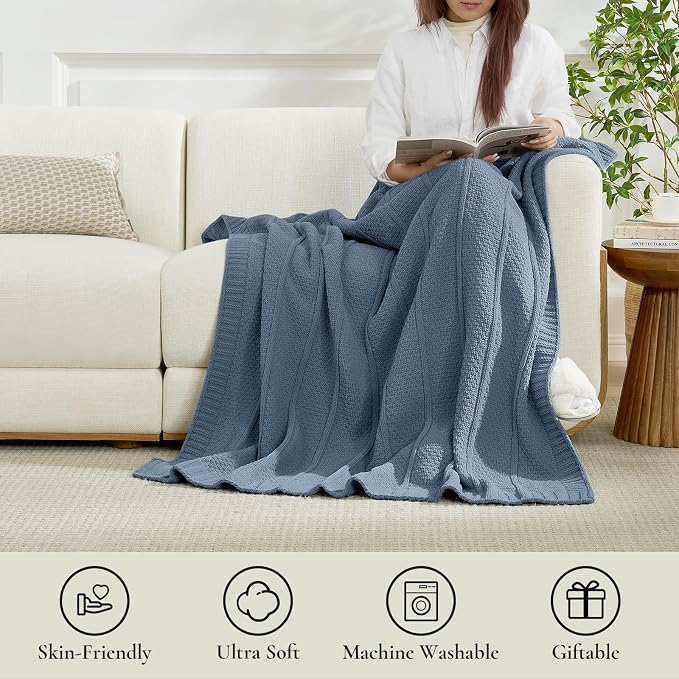 Chenille Throw Blanket for Couch, Soft Cozy Chunky Knit Blanket, Moss Stitch Throw for Sofa, Bed, Living Room, Lightweight Warm Home Decor, Dusty Blue 50"x60"