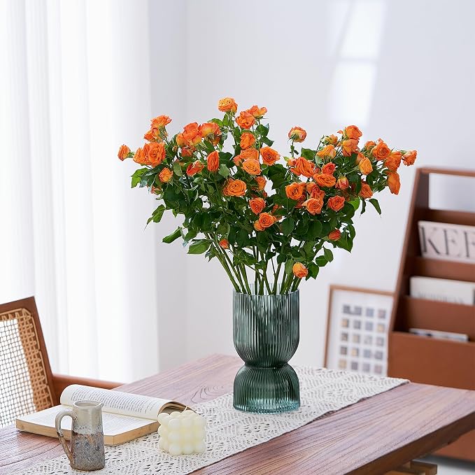 7.5 inch Vase for Flowers, Teal Ribbed Thickened Glass Vases, Hourglass Bud Flower Vase for Bookshelf, Dinner Table, Indoor Office Desktop, Meeting Room, Bathroom, Home Decor, Christmas Decoration