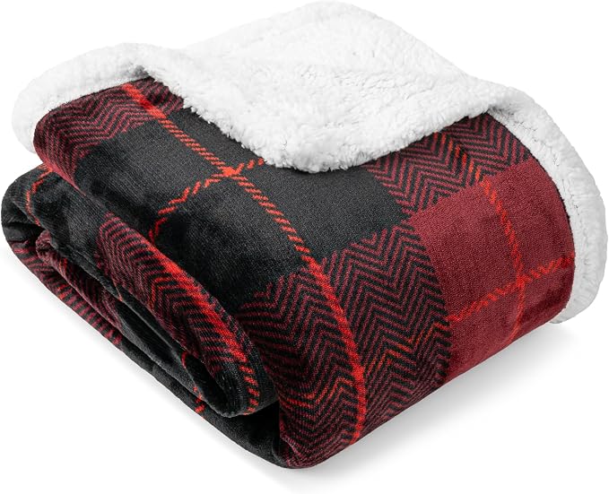 PAVILIA Plaid Sherpa Throw Blanket for Couch Sofa Bed, Black Red, 50x60 | GSM 460; Soft Plush Flannel Fleece; Warm&Cozy for Home; Machine Washable, Perfect Cabin Decor Winter Holiday Christmas Gift