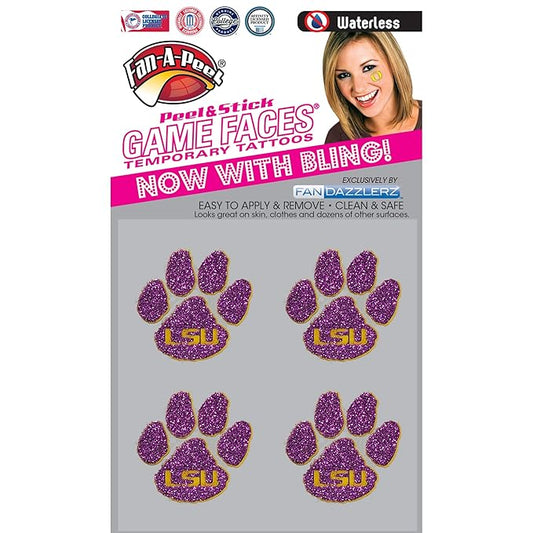 LSU Tigers Glitter temporary face tattoos-LSU bling face decals-4 pack