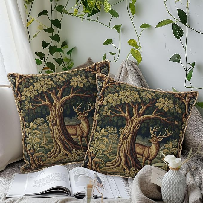 Vintage Green Deer Tree Velvet Pillow Covers 20x20 Inch Retro Reindeer Forest Throw Pillows for Couch Cushion Covers Pillowcase Boho Animal Farmhouse Pillow Cases for Sofa Bed Bedroom