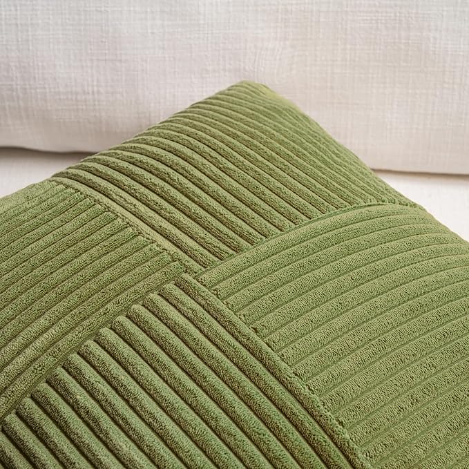 Fancy Homi Moss Green Lumbar Decorative Throw Pillow Covers 16x28 Inch for Living Room Couch Bed, Rustic Farmhouse Boho Home Decor, Soft Striped Corduroy Rectangle Accent Cushion Case 40x70 cm