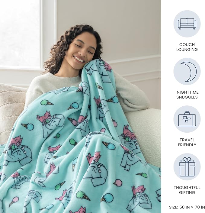 Berkshire Mo Willems® VelvetLoft® Throw Blanket - Super Soft Plush Elephant & Piggie Character Design - Cozy Home Decor, Elephant_Piggie Ice Cream, 50 in x 70 in(Official Mo Willems® Product)