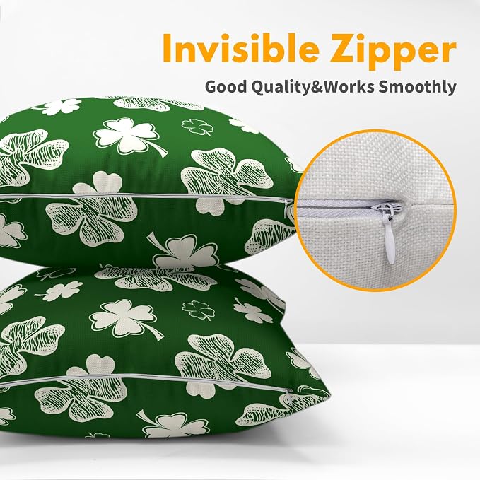Kawani St Patricks Day Pillow Covers 16x16 Inch Set of 2 Spring Green Shamrock Clover Lucky Pillowcase Cotton Linen Square Cushion Case for Couch Sofa Bed Holiday Decoration