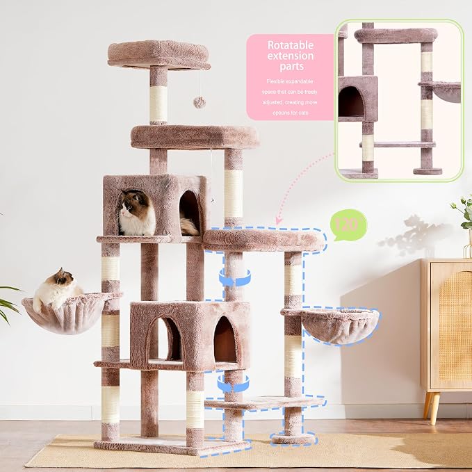 Hey-brother Cat Tree Tower with Stable Extended Base, 3 Platforms, MPJ038MU | 70.9 Inches Multi-Level Sisal Scratching Posts, Wide Bed, 2 Cozy Condos, 2 Hammocks, Toy Balls for Indoor Cats, Muchroom