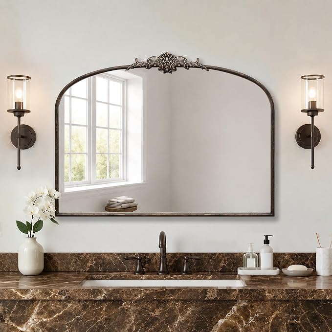 Besdomus Vintage Arched Black Mirror: 40"x29" Large Arch Antique Decorative | French Baroque Metal Framed Mirrors - Traditional Ornate for Entryway/Dresser/Fireplace/Bathroom - Ideal for Home Renovations